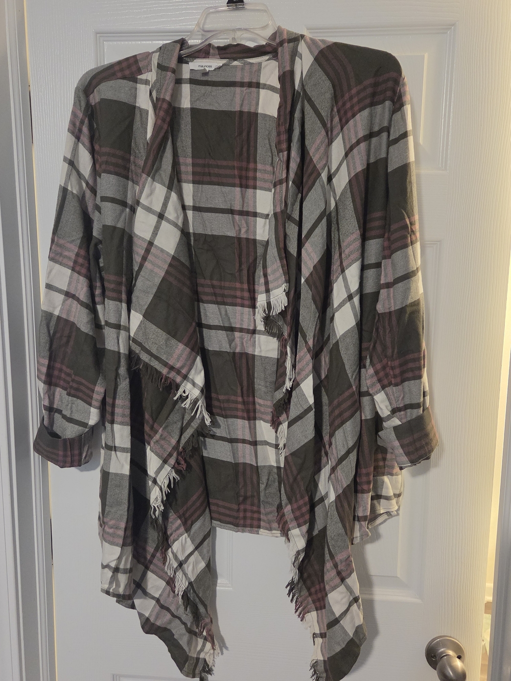 Maurices Olive, Pink & White Plaid Draped Open-Front Jacket